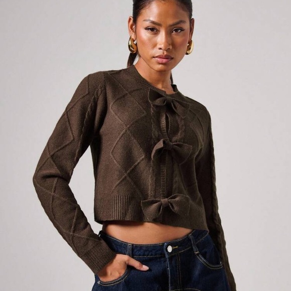 COSMINA Women's Casual Long Sleeve Sweater With Bow Decoration, Autumn Brown Bow - Picture 4 of 4